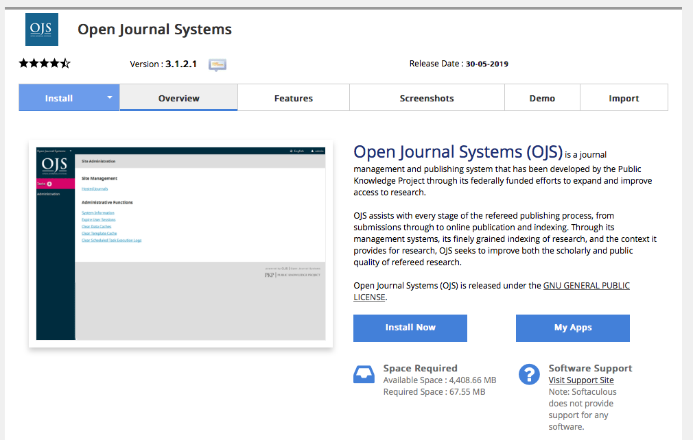 halaman open journal systems softaculous