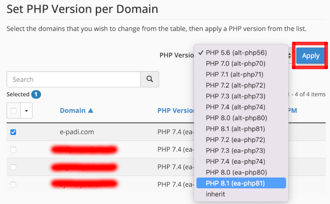 cara ganti versi PHP di cpanel - select php version - e-padi hosting